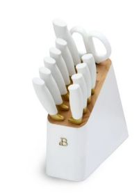 Beautiful 12 Piece Stainless Steel Knife Block Set, Soft-Grip Handles White Icing by Drew Barrymore