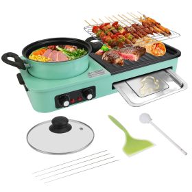 1Pc 3 In 1 Electric Hot Pot With Grill 1600W Smokeless Non-Stick Korean BBQ Grill Shabu Shabu Hot Pot Combo With Independent Temperature Control (Color: Green)