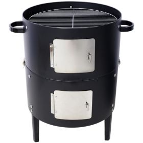 17 Inch Steel Charcoal Smoker, Heavy Duty Round Grill For Outdoor Cooking, Black (Color: Black)